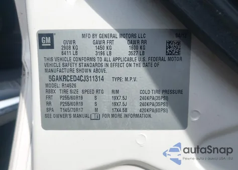 2012 Buick Enclave Leather from USA, damaged, VIN 5GAKRCED4CJ311314